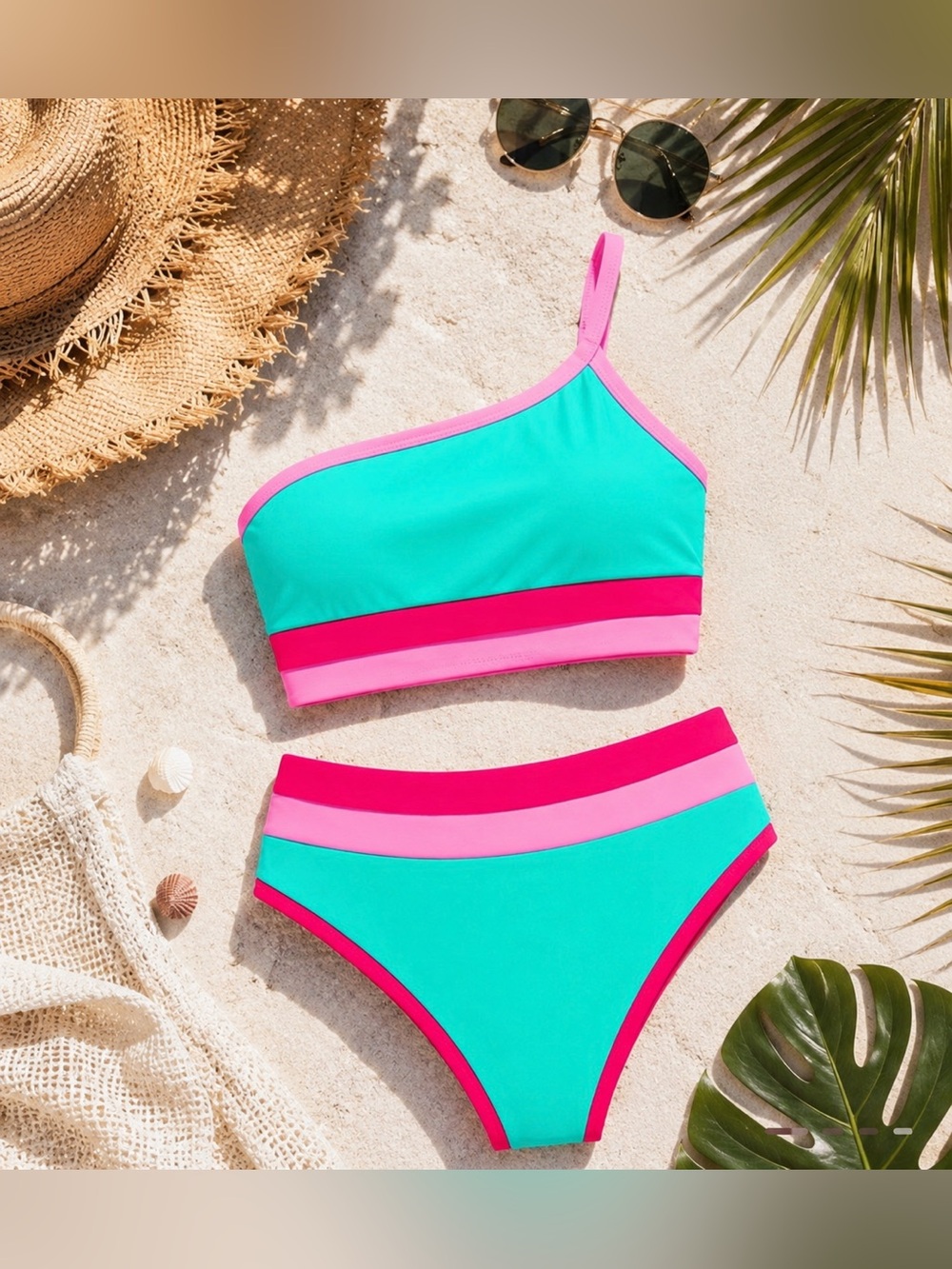Popvil One-Shoulder Colorblock Bikini Set Aqua Pink High Waist Bikini Set XL NWT